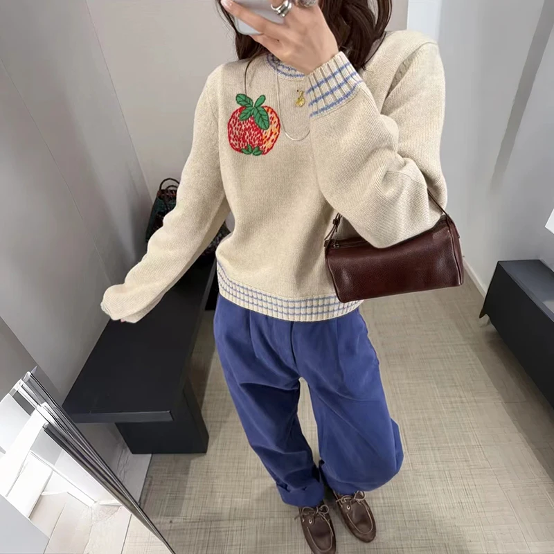 

Spring 2026 Early Faion Knitted Wool Blend round Ne Pattern Women's Sweatirt Cute Overhead Top Ladies Knitwear