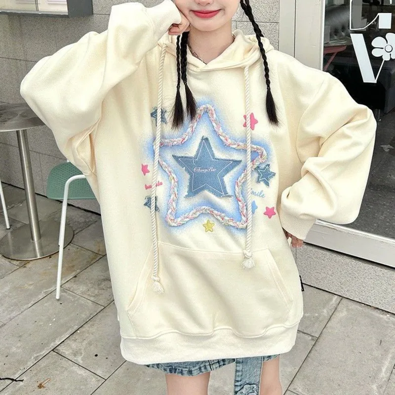 Starlight Demin Patchwork Hoodies Oversized Women Vintage Sweatshirt Y2K Streetwear Harajuku Hip Hop Punk Fashion Pullover Tops