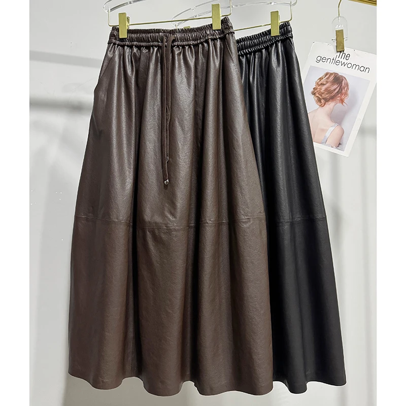 

Women’s Leather Skirts Imported Vegetable Tanned Sheepskin Midi Jupe Femme Elastic Waist Drawstring Profile Flower Bud Skirt