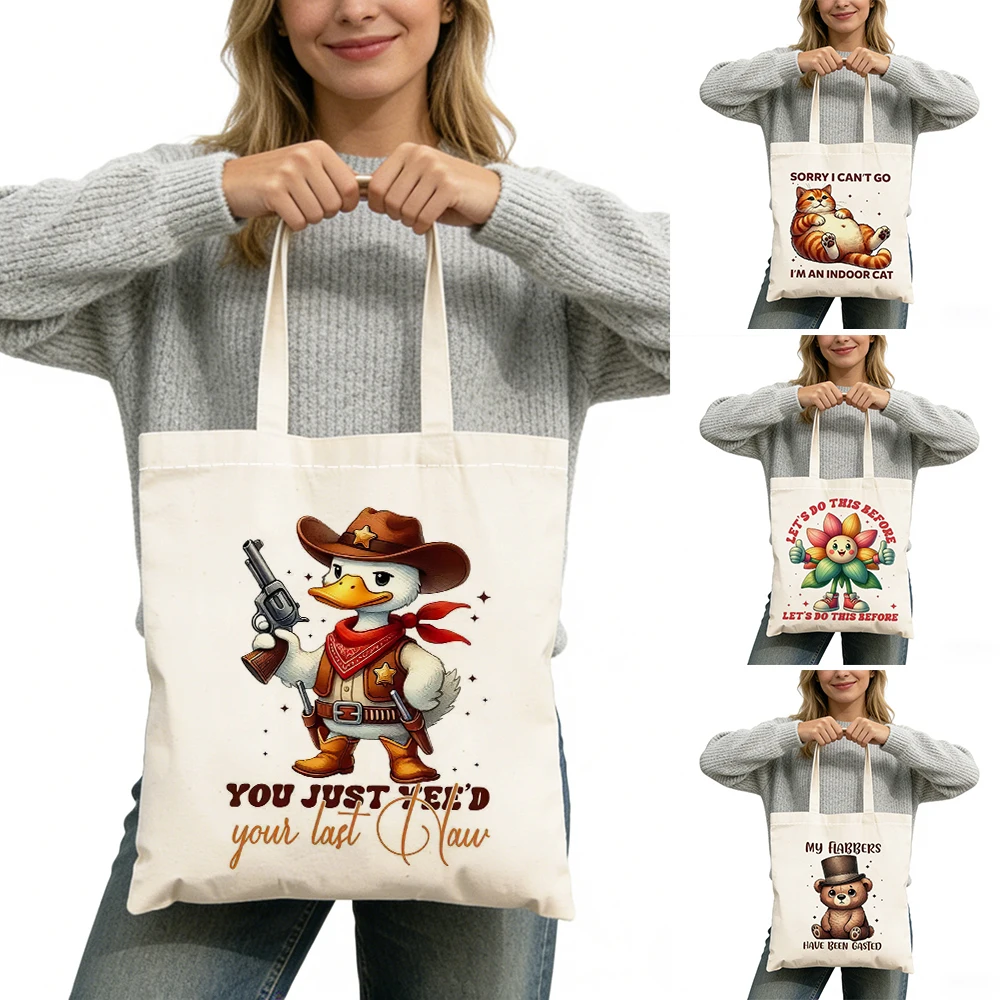 

Cowboy Duck Lady Big Shopper Bags Double Print Indoor Cat Women Daily use Shoulder Handbag Cheerful Flower Girl Shopping Bag