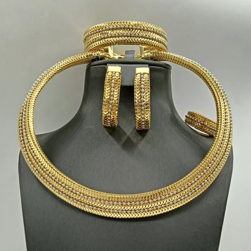 

Simple Gorgeous Skeleton Three Tone Jewelry Set Luxury Fancy Hotsale Necklace Bracelet Earrings Ring 4PC Jewellery Wedding Party