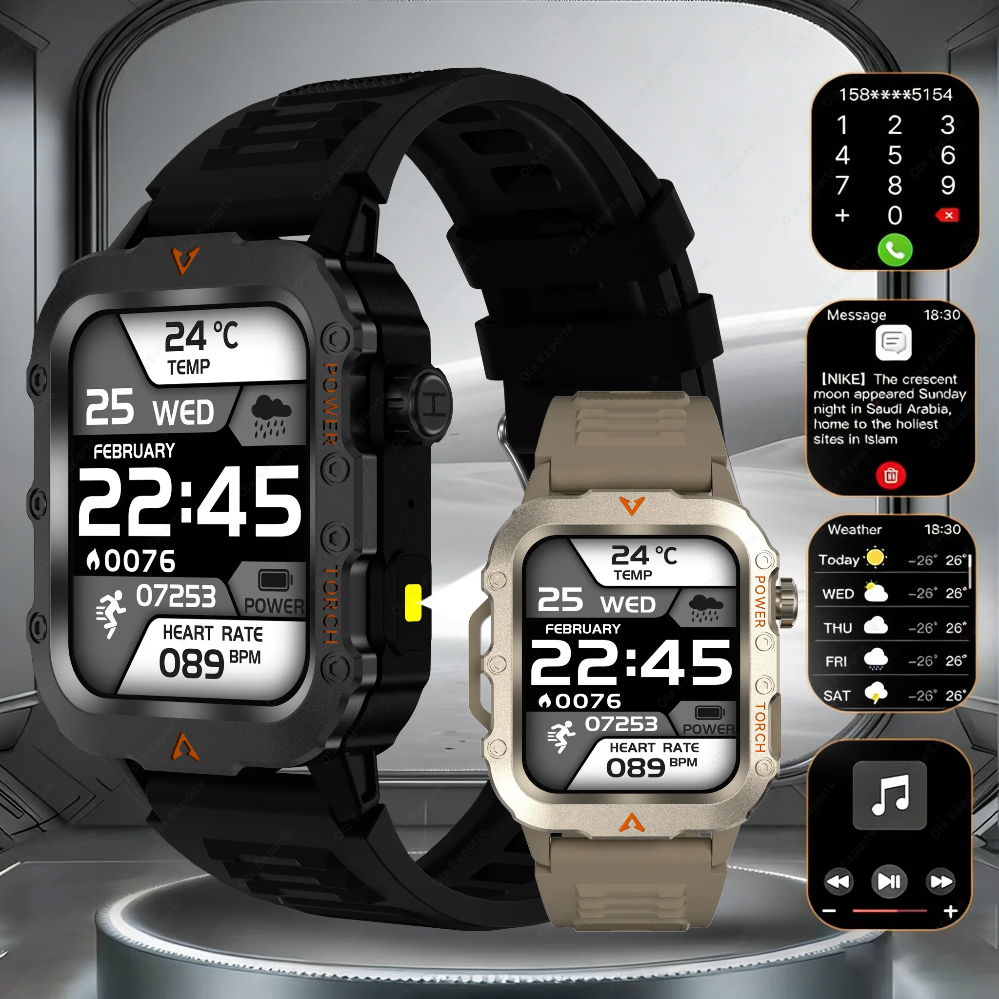 

New Military Smart Watch Men Outdoor Sports Fitness Tracker LED Flashlight Health Monitoring BT Call Smartwatch Step count Watch