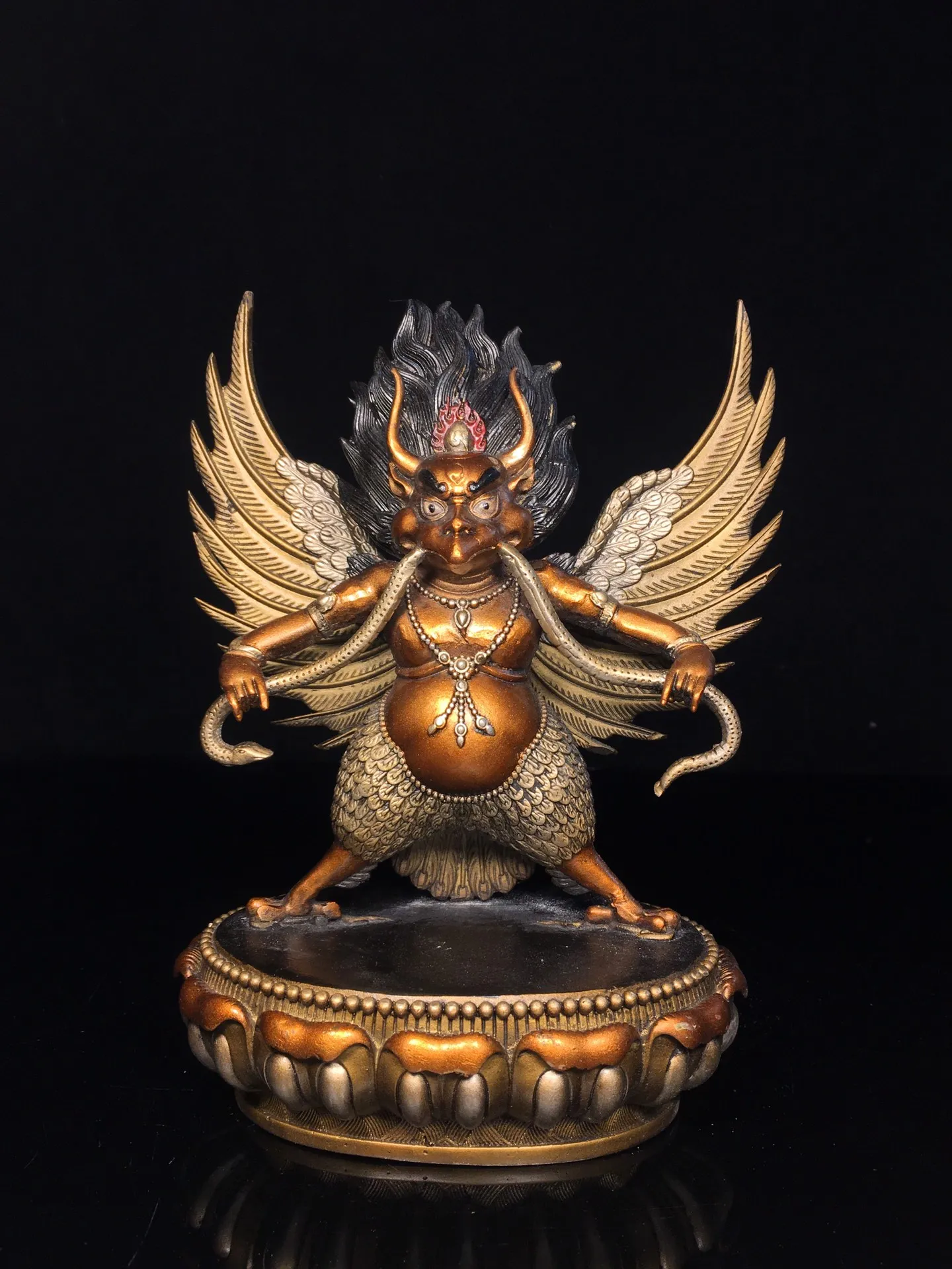 Folk Old Bronze Painted GARUDA Sitting Buddha Da Peng Golden winged Bird Protector Buddha Amitabha Worship Hall
