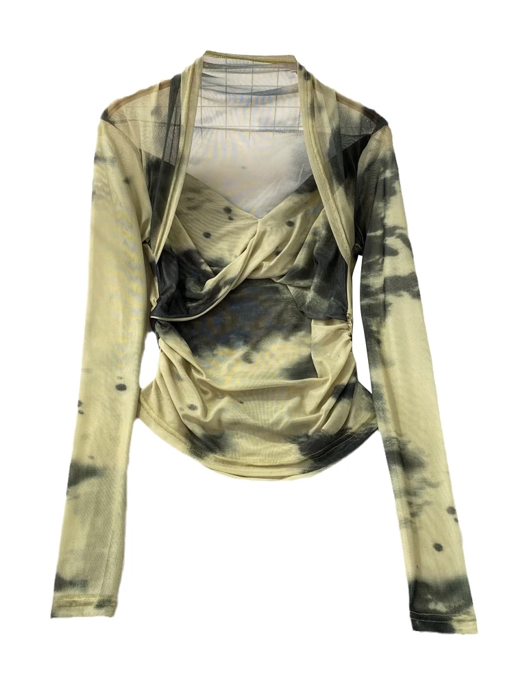 

Summer Faion Camouflage Tie Dye Long Sve V Ne Me T irt Women's Slimming Pleated ort Sle Top Korean Version