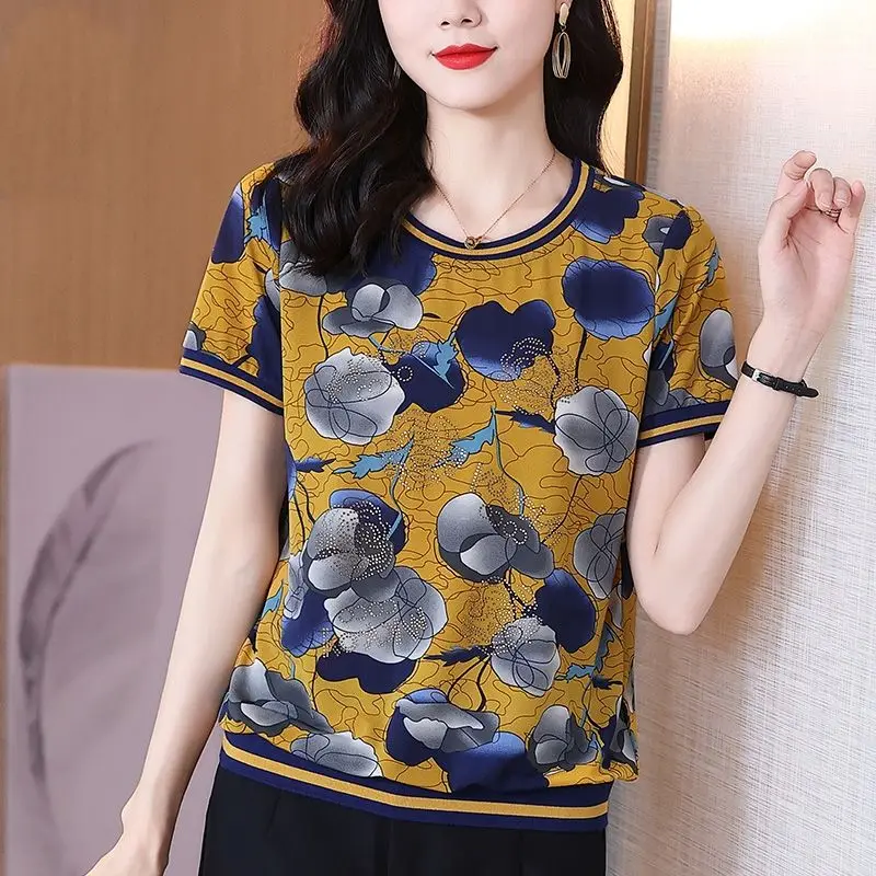 Vintage Floral Printed T-shirt Fashion Round Neck Summer Chic Diamonds Women's Clothing Spliced Casual Screw Thread Pullovers