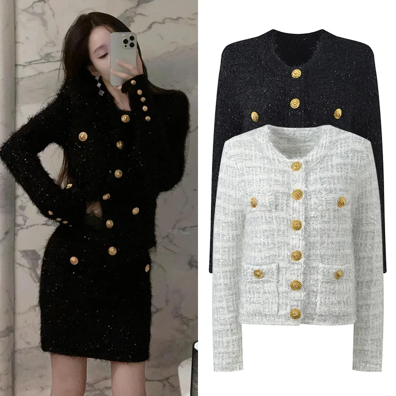 

Ele Bla круглый открытый кардиган для похудения, роскошные золотые пуговицы, сексуальный шикарный женский модный верхняя одежда, весна 2024