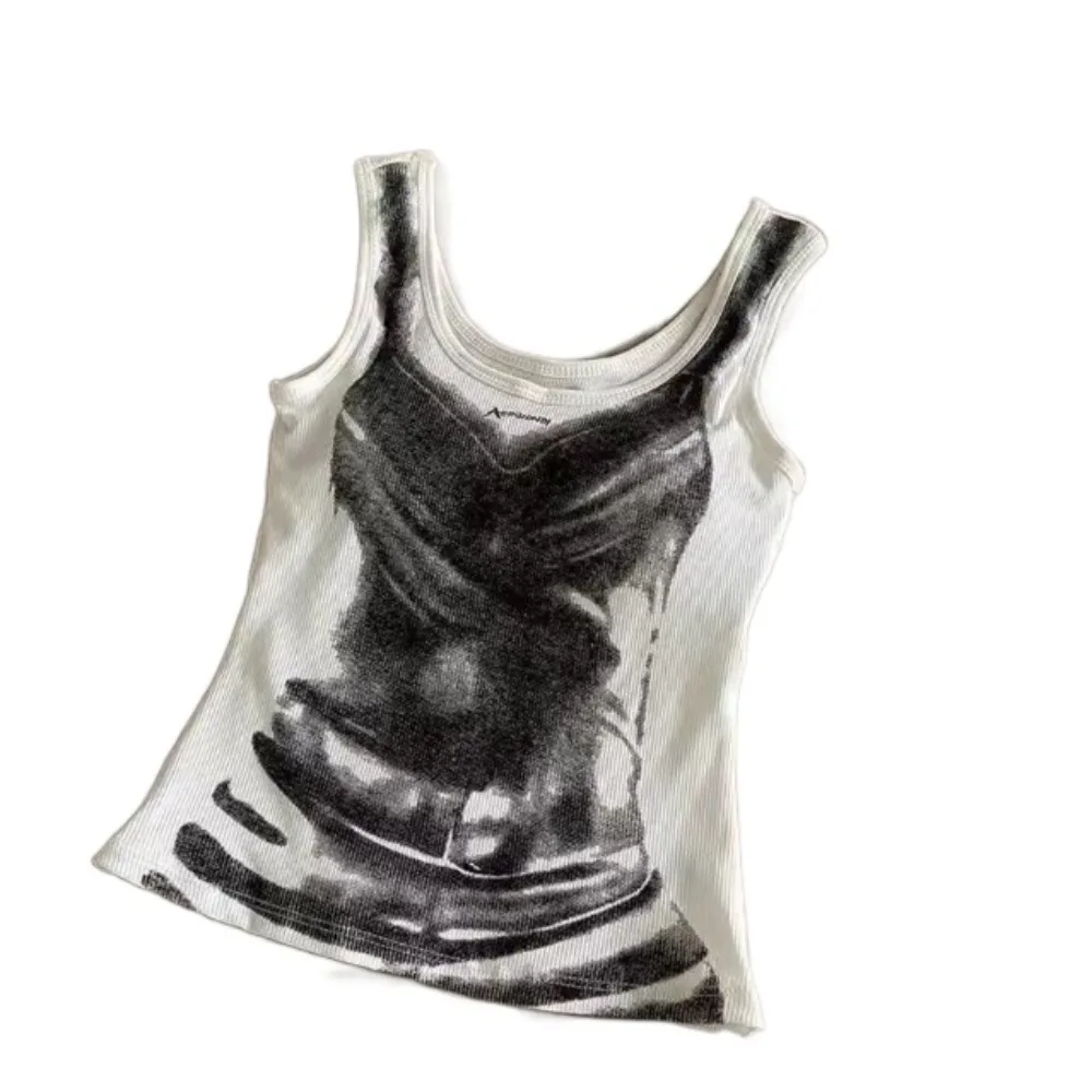 

Дышащая майка в американском стиле с принтом тай-дай в стиле ретро, тонкий укороченный топ без рукавов для девочек Y2k, бретелька с грудью, весна-лето