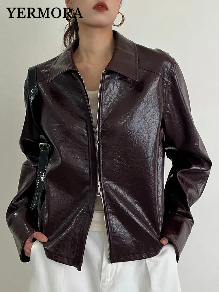 

YERMORA Wine Red Texture PU Leather Zipper Jacket For Women Lapel Long Sleeve Loose New Coat Fashion Tide Spring Autumn 2025