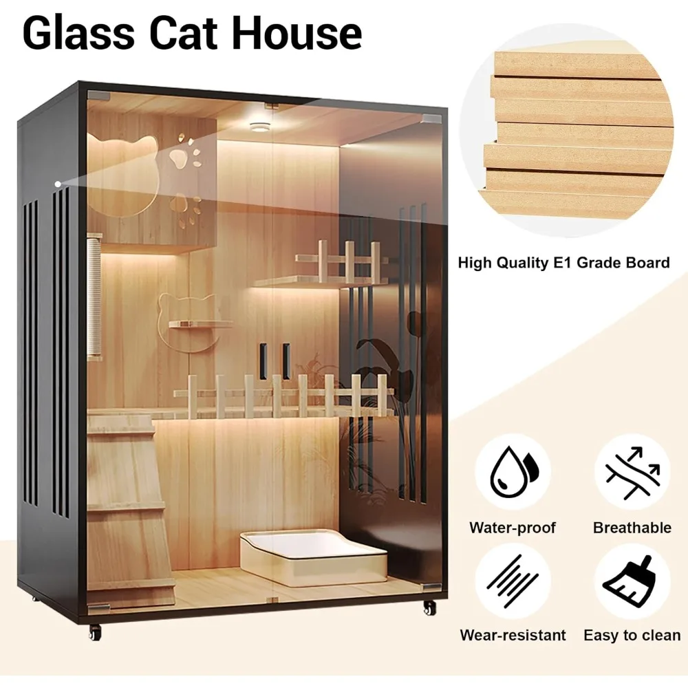 모던 캣 하우스 & 실내 빌라 - 잠금 가능한 바퀴와 강화 유리가 있는 초대형 목재 고양이 집 케이지, 멀티
