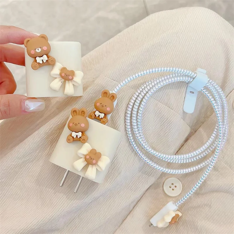 Korea Cartoon Cute Bow Rabbit Charger Cover For IPhone 13 14 15 18W-20W Soft Charge Protection Cover Charger Sleeve Accessories