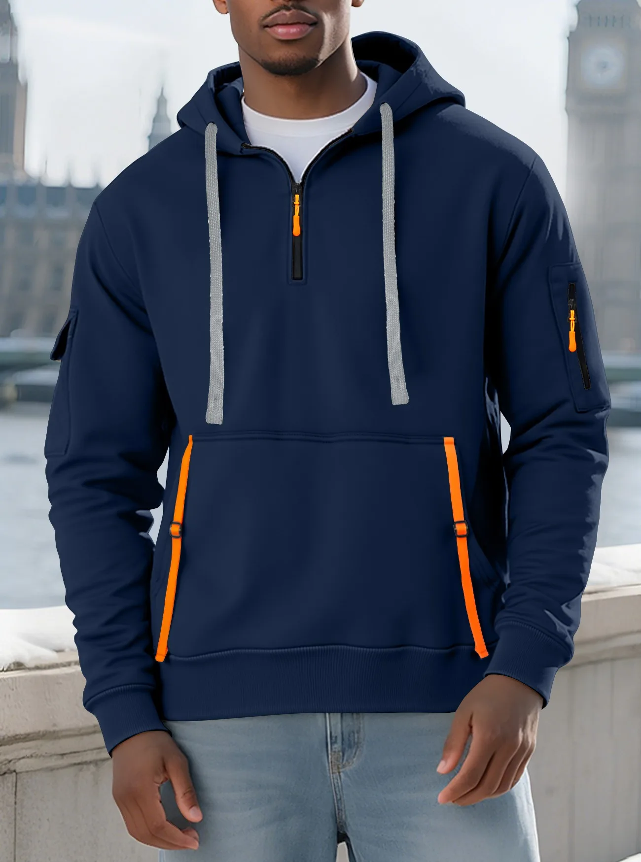 

New Autumn Winter Men Fleece Hooded Zip Up Sweatshirt Fashion Multi Pocket Casual Pullover