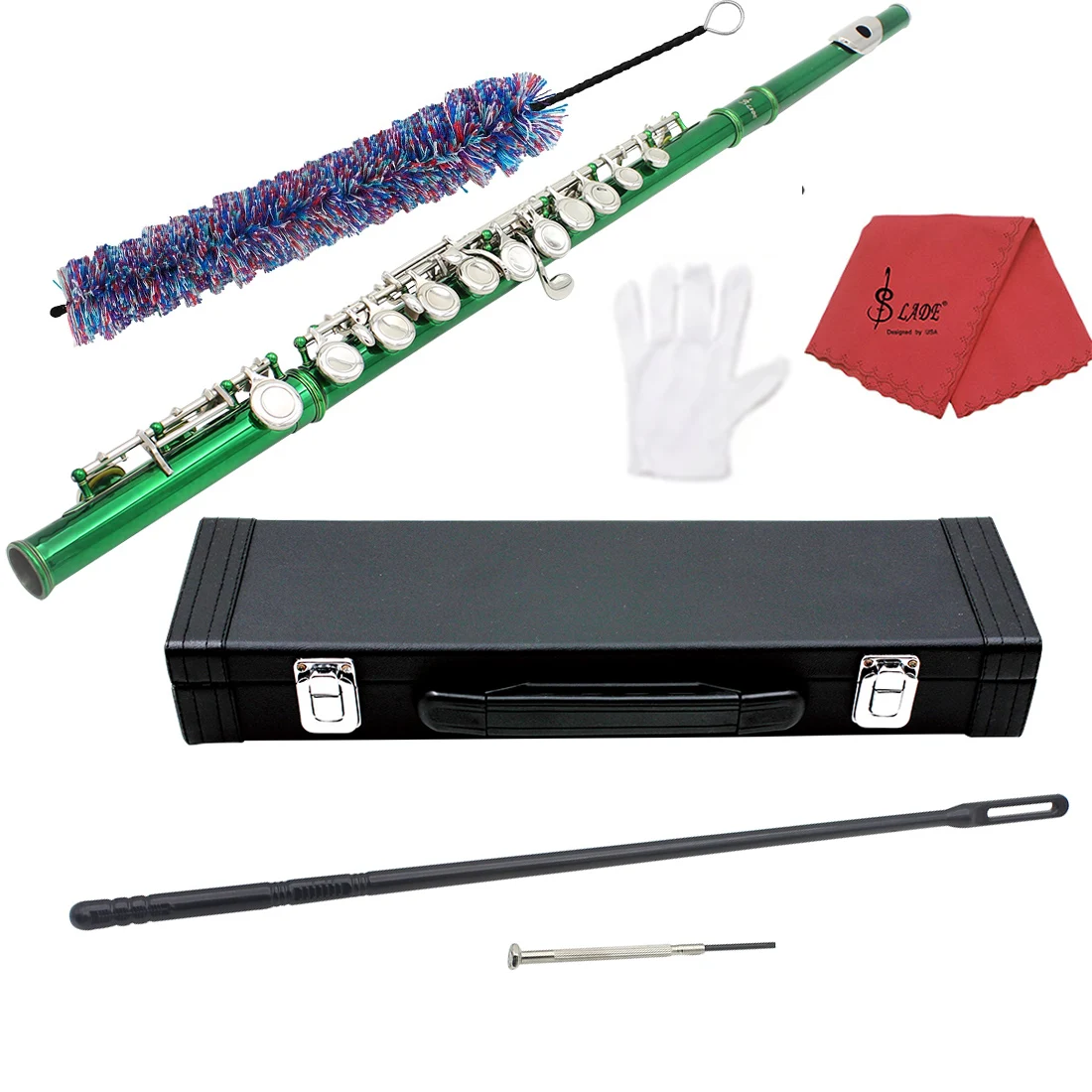 

SLADE Green 16 Holes C-tuning Flute E Key Woodwind Instrument Nickel Plated Silver Cupronickel Tube Flute with Accessories