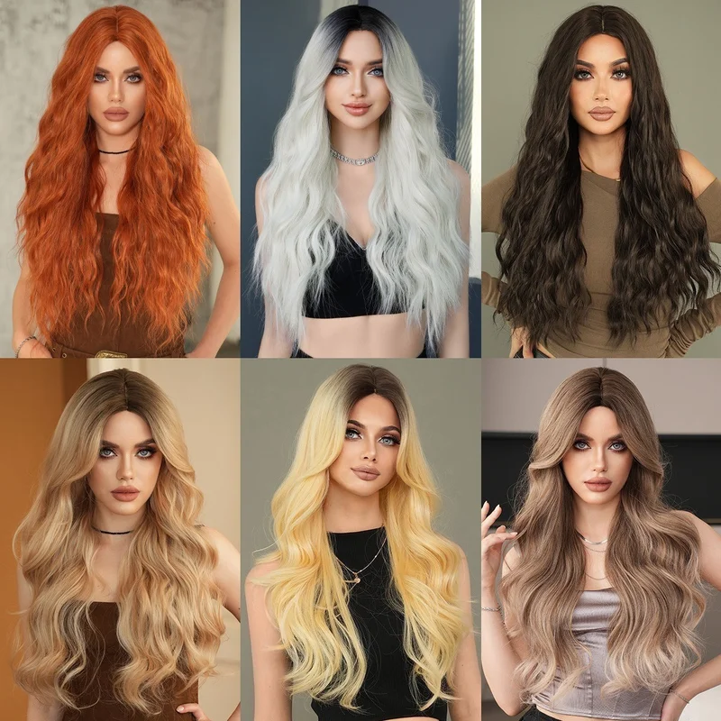 Women's parting colored long wavy hair wig with synthetic fiber hair