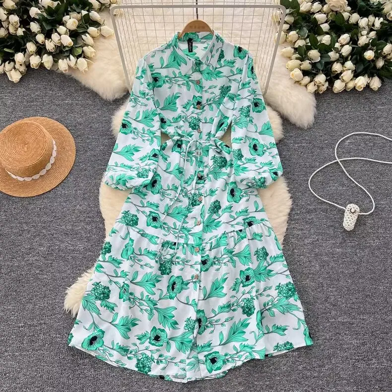 Robe chemise à lacets imprimée à manches longues pour femmes, col rabattu, simple boutonnage, Maxi, nouvelle mode printemps 2025