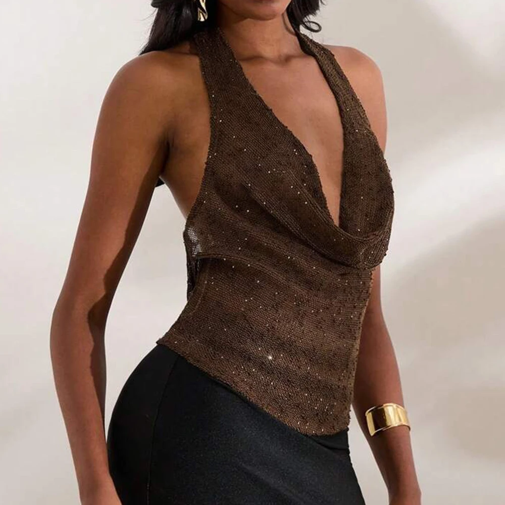 Caramel Sexy Trendy Backless Crop Top Summer Knitted Sequin Deep Draped V-neck Fashion Hanging Neck Top for Trendy Girls