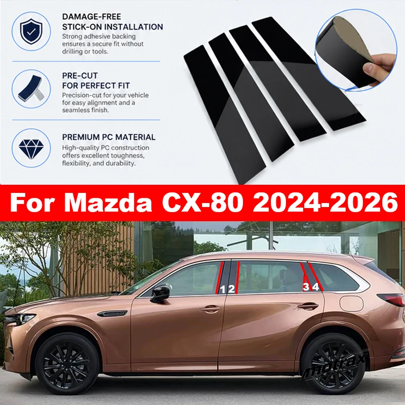 Car PC Pillar Posts Door Window Trim BC Column Sticker Cover for Mazda CX80 CX-80 2024 2025 2026 Decoration Accessories