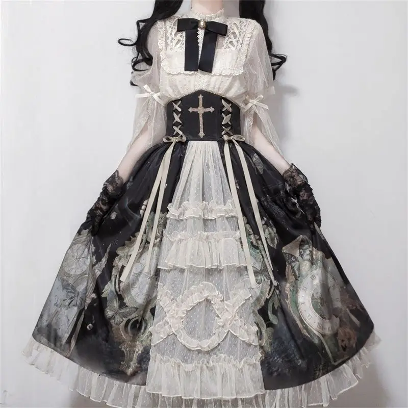 Lolita Dress Kawaii Women Sweet Lace Sleeve Blouses Butterfly Print Princess Skirt Vintage Elegance Lolita Sets Victorian Gothic