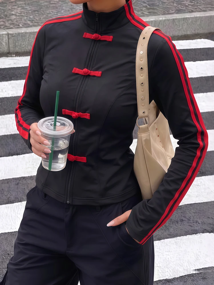 Sisterlinda Frog Button Decoration Coats Woman Autumn Trend Lines Patchwork Zip Stand Collar Full Sleeve Casual Fashion Jackets