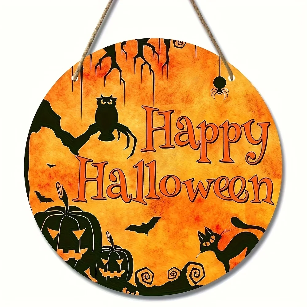 1pc2Dfalt Halloween-Kürbisgeist, rundes Holzschild, Heimdekoration im Freien, keine Strom erforderlich – Symbol