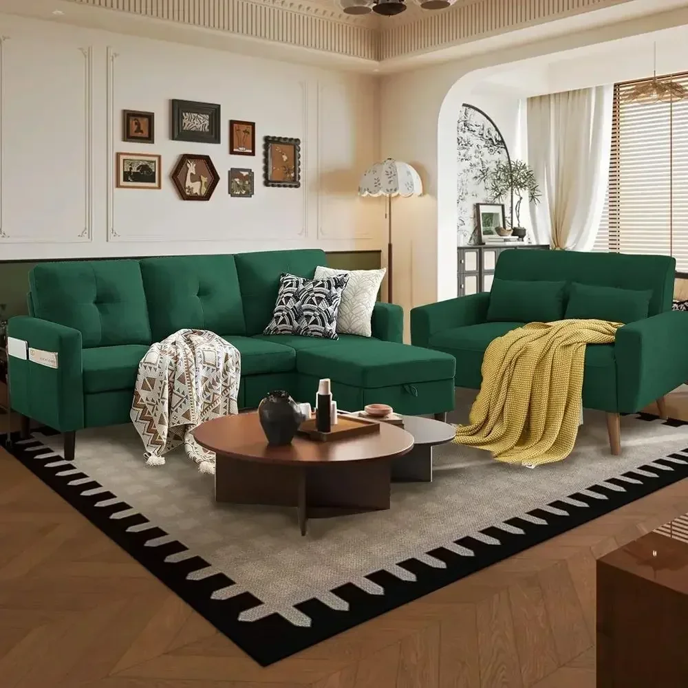 Green Small L-Shaped 3-Seat Convertible Sectional Sofa with Reversible Chaise and Accent Chair, Polyester Fabric Living Room Fur