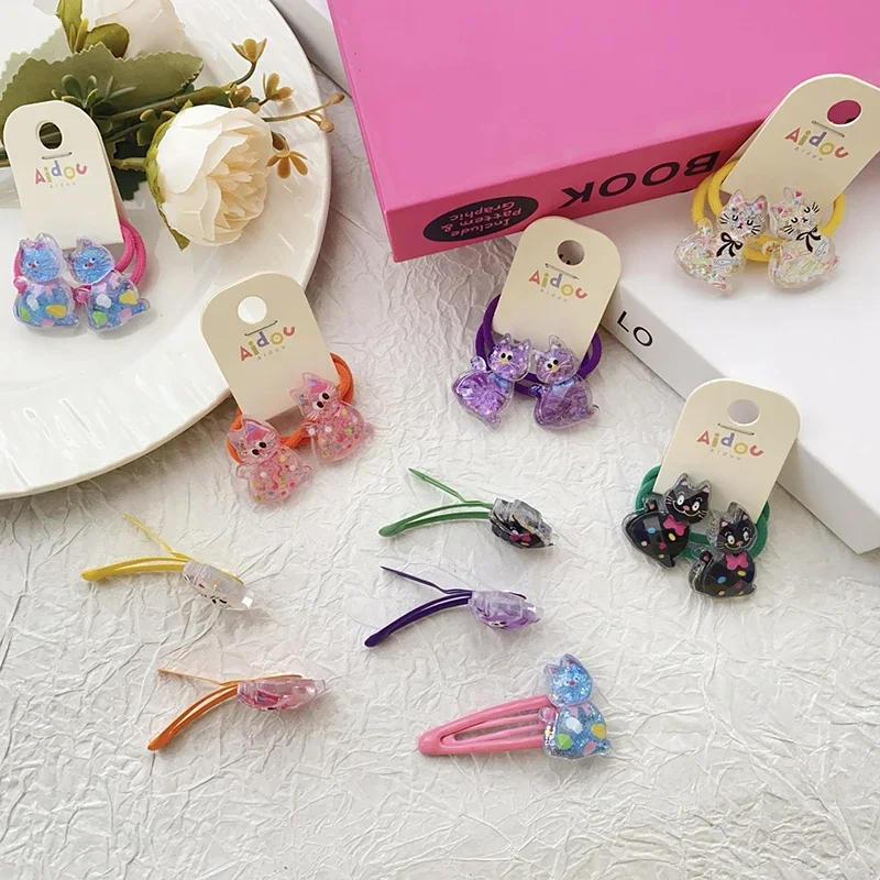 2PCS Children Hair Ties Colorful Bow Tie Cat Lovely Girls Elastic Hair Bands Princess Hair Accessories Baby Headwear