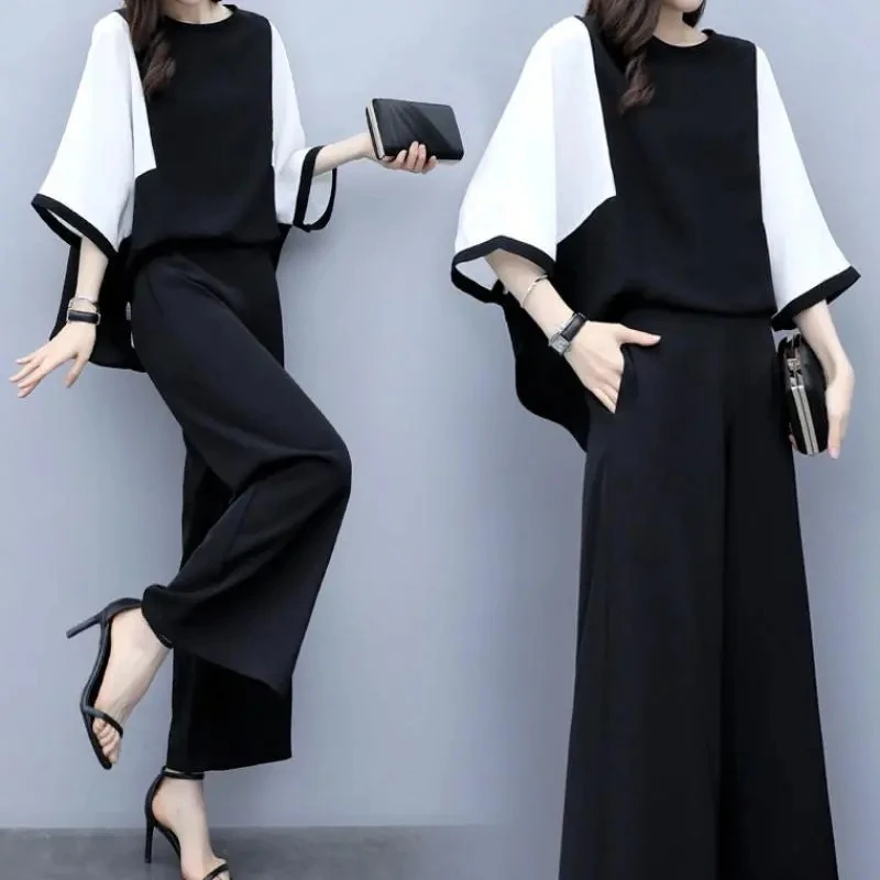 

Тонкий женский новый костюм весна-лето 2023, женский модный свободный комплект с пятью точками рукавов, асимметричные широкие брюки из двух предметов