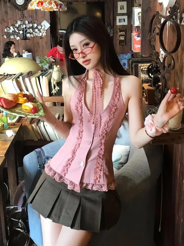 

Korean Kawaii Pink Women Dress Sling Tank Backless Hottie 2 Pieces Clothes Y2k Flower Lace Top Camis Short Dress Girl Sweet Set