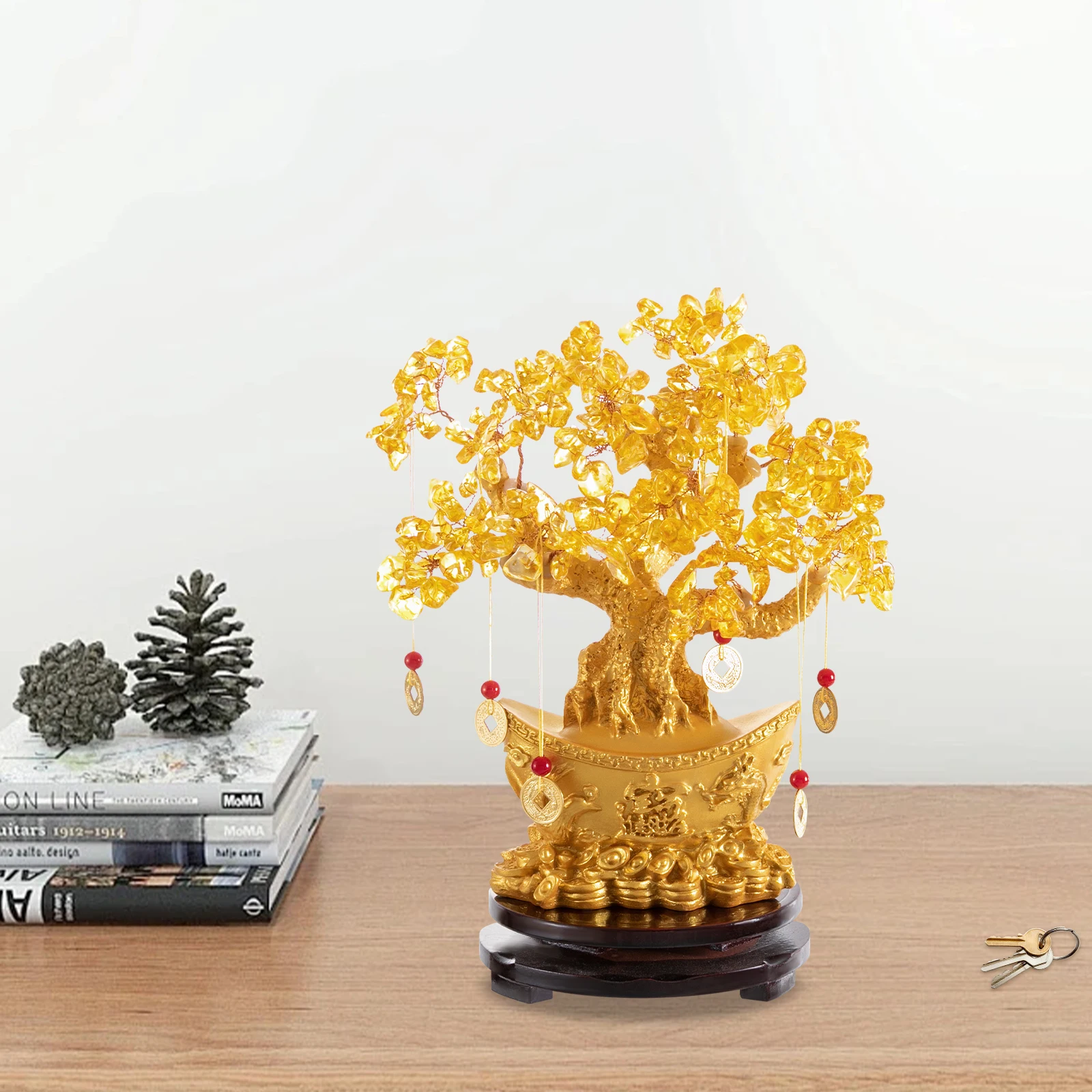 

Feng Shui Money Tree Crystal Yellow Quartz Lucky Tree Golden Ingot Bottom w/ Rotating Sandalwood Base Chinese Copper Coin String