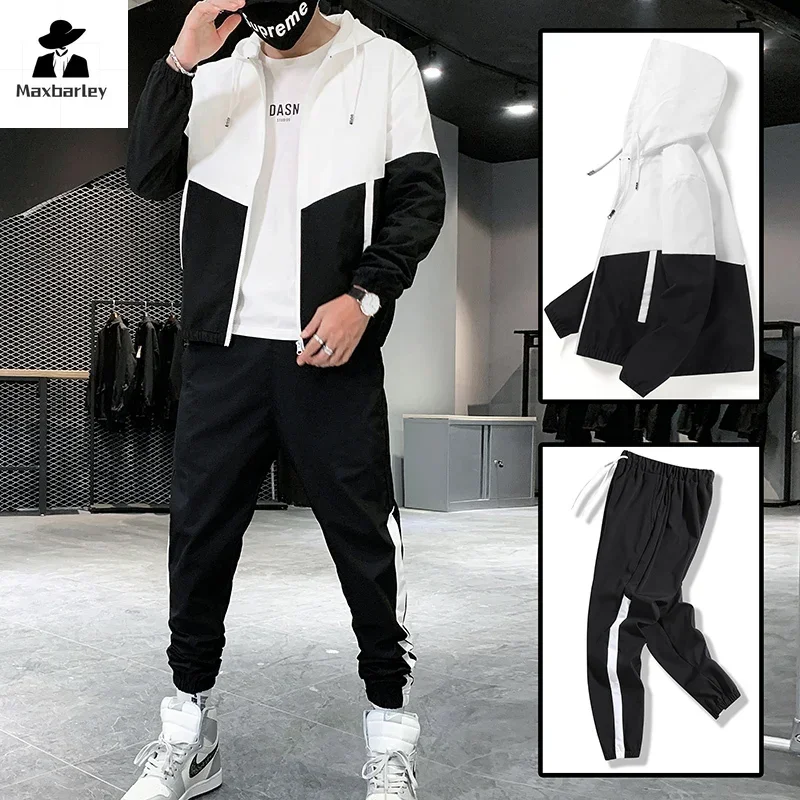 Spring And Autumn Men's Sportswear Suit Hooded Colorblock Casual Jacket + Pants Suit Men's Teenager 2-piece Jogger Sweatshirt