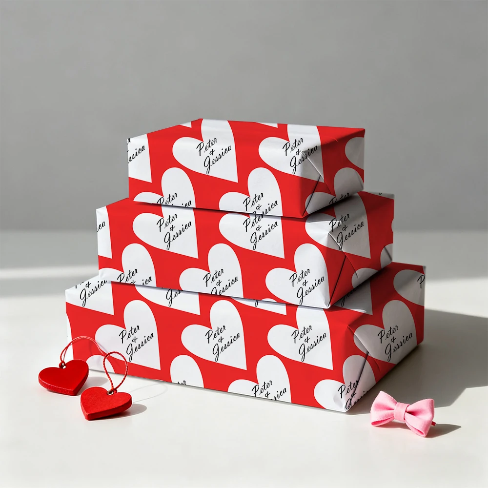 3/6 Stück individuelles Valentinstag-Party-Geschenkpapier, personalisierter Name, rot, weißes Herzmuster, Geschenkpapier, Hochzeitsdekorationen
