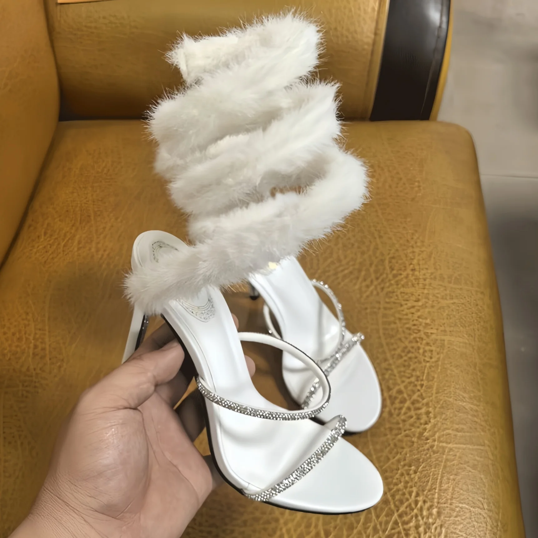 

Элегантные туфли с открытым носком на высоком каблуке, с ремешками, в стиле змеиной кожи, плюшевые, сексуальные, для банкетов, дизайнерские туфли