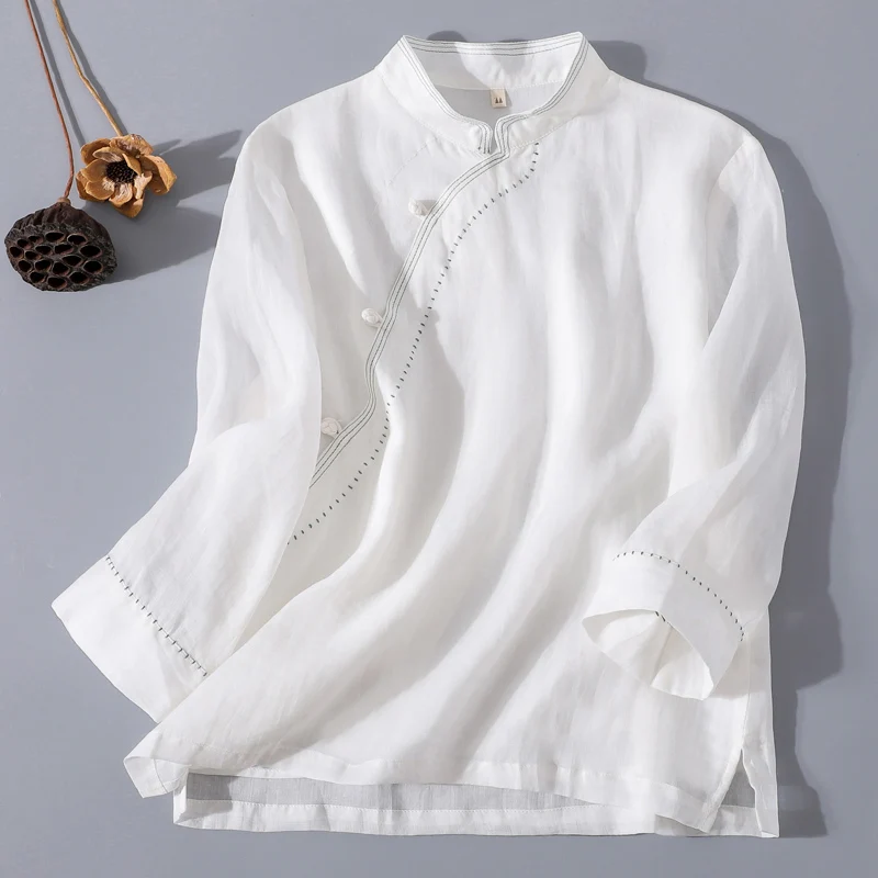

Элитная белая женская рубашка в стиле дзен-буддизма, художественная, из смесового хлопка, свободного кроя, для церемонии чайной церемонии, летняя одежда для преподавателей