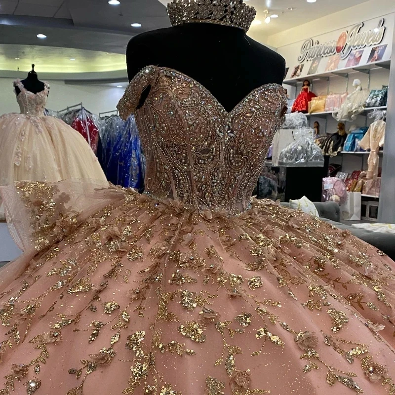 Lorencia-vestido De princesa para quinceañera, vestido rosa brillante, cuentas De flores, tul dulce 16, YQD299, 15 Años