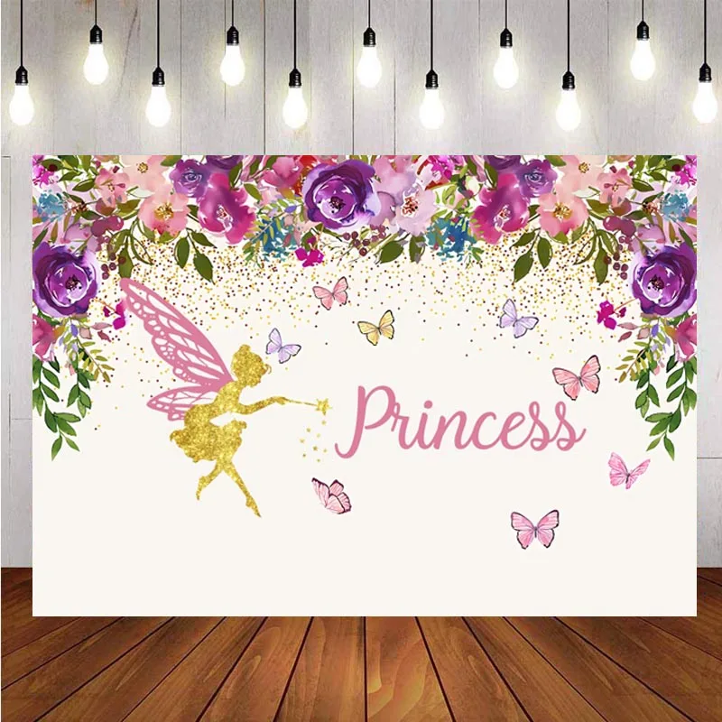 

Floral Fairy Butterfly Backdrop Flower Princess Girls Birthday Party Custom Photography Background Baby Shower Supplies Banner