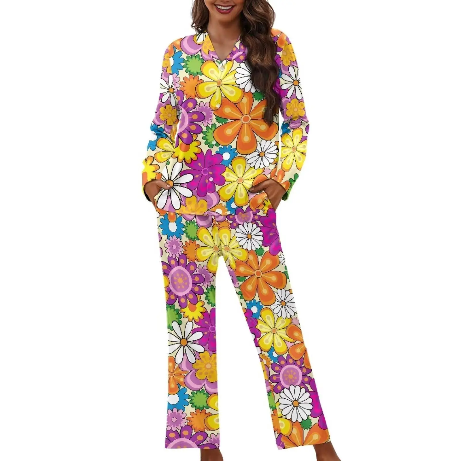 Digital Printing 2024 Spring and Autumn Sunflower Full Series Cross border Pants+Cuban Collar Long Sleeve SetMB23+ML8