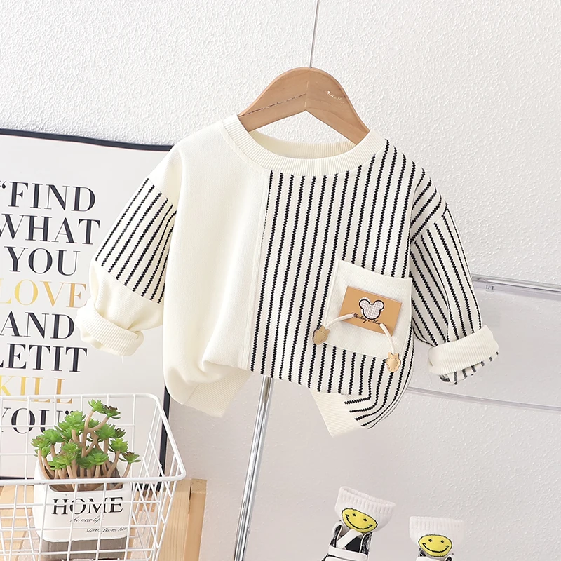 Sudaderas lindas para niñas, camiseta estampada, sudaderas con capucha para bebés y niños pequeños, sudaderas con capucha de manga larga con cuello redondo y rayas de dibujos animados