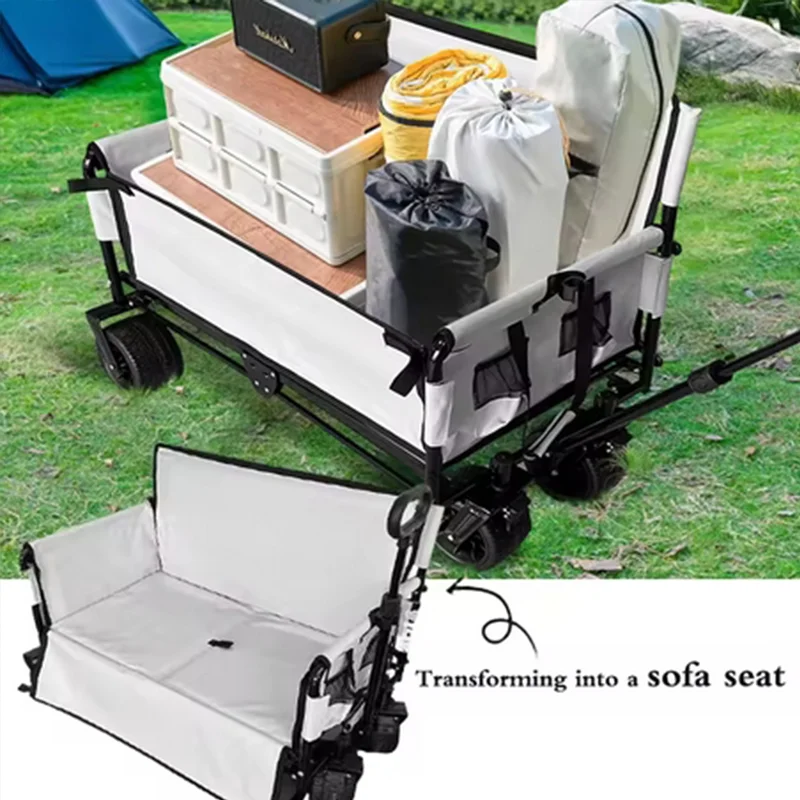 Folding Wagon Folding Sofa with Brakes Multiple Use Oxford Cloth Heavy Duty Camping Cart Multiple Pockets
