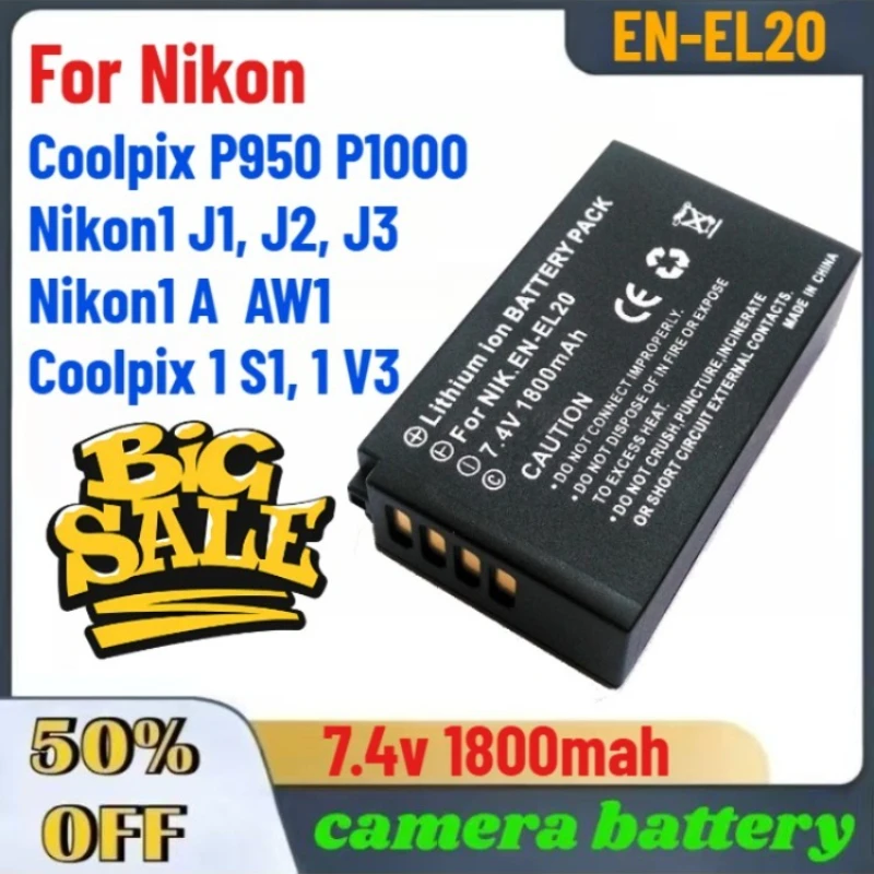 7.4V 1800mAh EN-EL20 EN EL20 Camera Battery For Nikon Coolpix P950 P1000 Nikon1 J1 J2 J3 For Nikon1 A AW1 Coolpix 1 S1, 1 V3