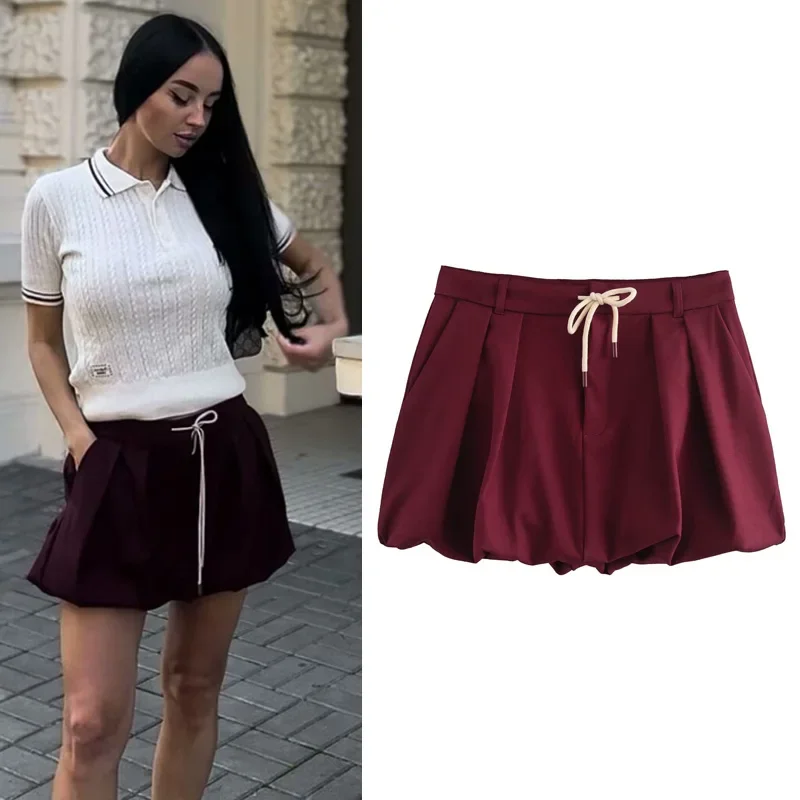 Women's Skirt Burgundy Mini Skirt Summer Balloon Short Skirt Women 2024 High Waist Skirt Korean Style Lace-Up Preppy Skirts