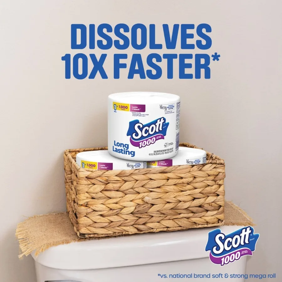 4 Rolls Septic‑Safe 1‑Ply Toilet Paper, 1000 Sheets Per Roll, Septic‑Friendly Bathroom Tissue for Home Daily Use