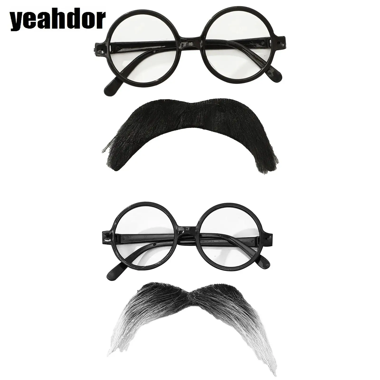 

Adults Kids Plastic Round Frame Glasses with Realistic Self-adhesive Mustache Costume Accessory for Halloween Cosplay Party