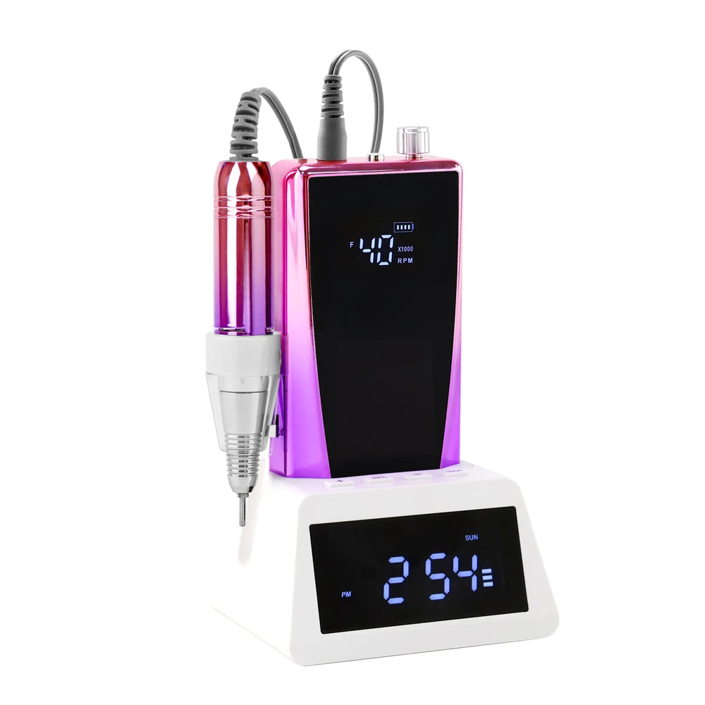 เครื่องเจียรเล็บไร้สายแบบพกพา ความเร็วตั้งได้ 40000 รอบต่อนาที พร้อมฐานนาฬิกาอัจฉริยะ กำลังไฟ 45 วัตต์  แบบมืออาชีพ เงียบ