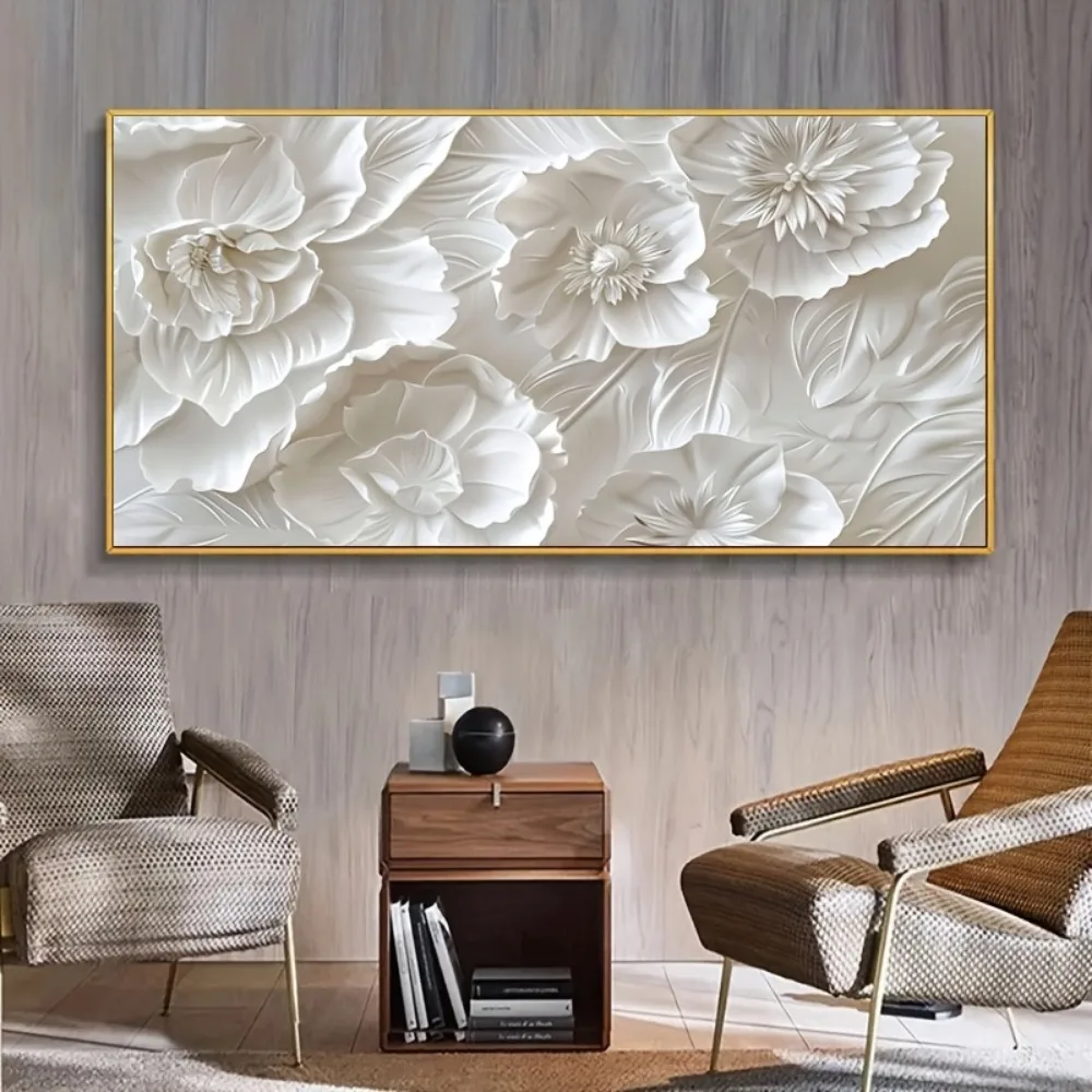 Een frameloos modern wandkunststuk dat witte bloemen afbeeldt, een canvas poster geschikt voor slaapkamerdecoratie, woonkamer of hal.