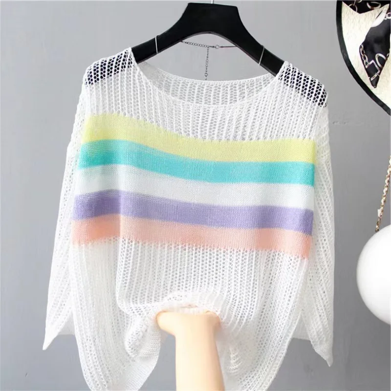 Women\'s Short Sleeve Knitted Pullover, Korean Popular Clothes, Sexy T-Shirt, Hollow Color, Round Top, Summer Vacation