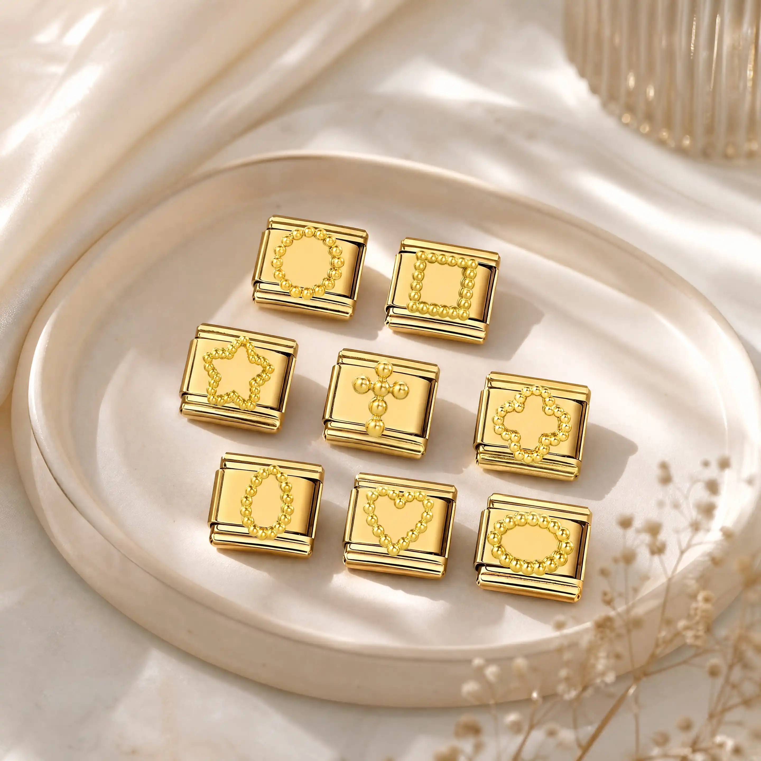 GEMOSA Gold Plated Frame Rectangle Heart Shape Italian Charm Link Fit 9mm Bracelet Making Stainless Steel Jewelry Accessories
