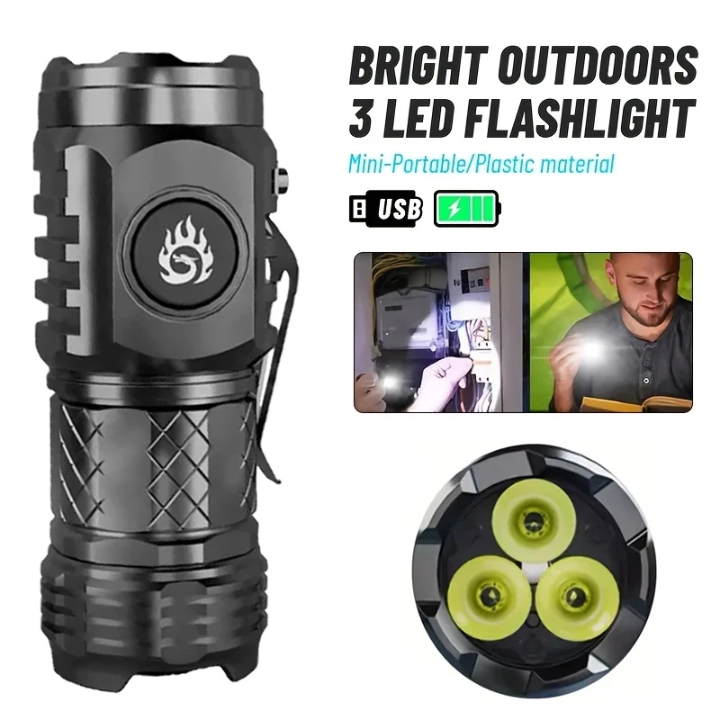 

High Strong Power LED Flashlight Built-in Battery Type-C Rechargeable with Pen Clip Torch Outdoor Camping Emergency Lantern