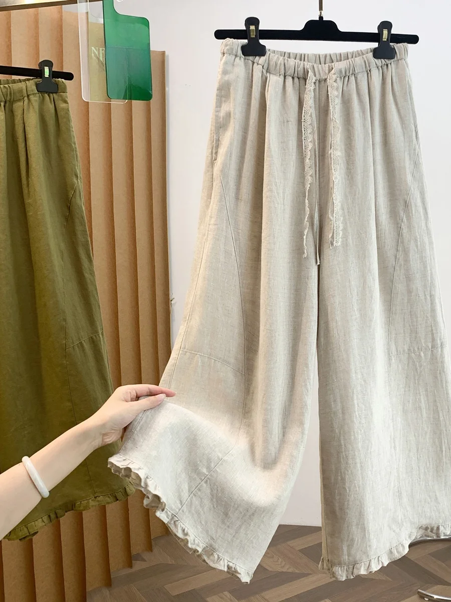 High Waist Casual Wide Leg Pants Women's Lace Drawstring Tassel Balloon Pants Summer 2026 Linen Fabric Straight Cut Pants