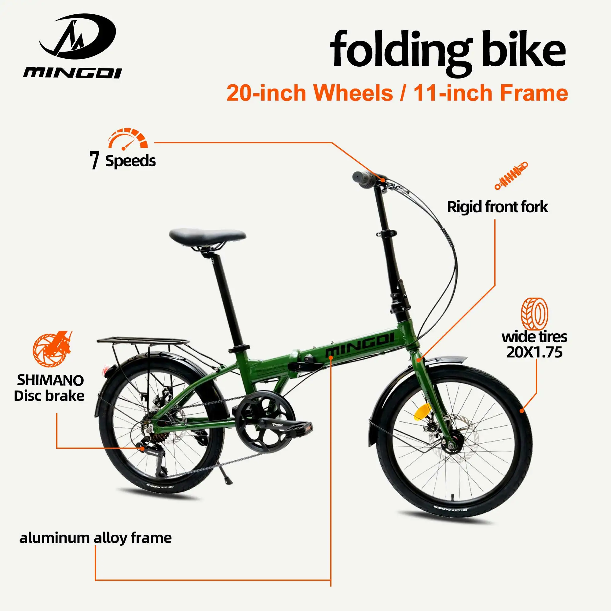 20 Inch Folding Bike Aluminum Alloy Frame 7 Speed Shimano Disc Brake Rigid Fork Wide Tires Quick Release Clamp Rear Rack