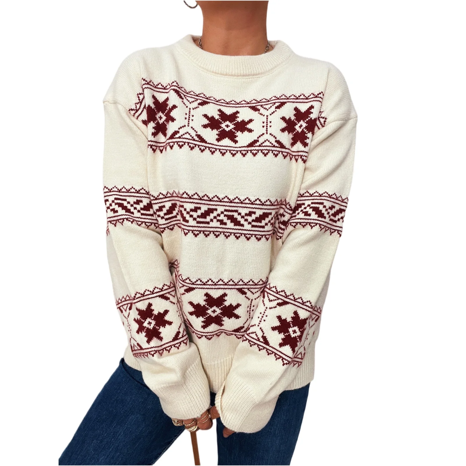 

Women Christmas Sweater Snowflake Jacquard Knit Pullover Long Sleeve Loose Fit Casual Boho Style Holiday Fashion Cozy Winter Top