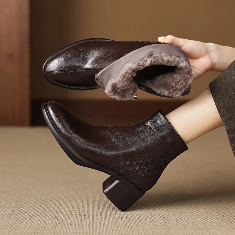 2026 new autumn winter women ankle boots natural leather plus size 22-25cm split leather+wool thick heel side zip short boots
